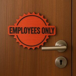 Employees Only Sign, Orange Gear Design, Wood Door Sign with Modern Industrial S